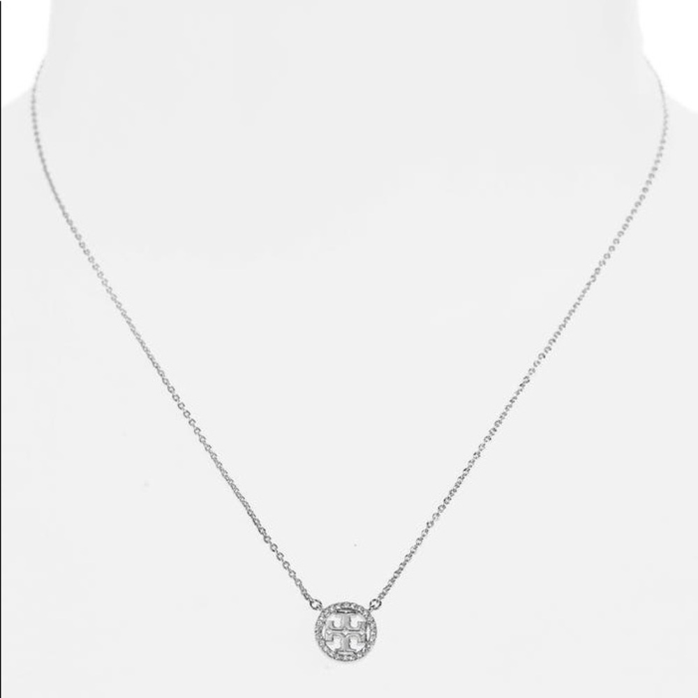 Tory Burch Silver Necklace with Gemstone Logo Pendant - Picture 2 of 8